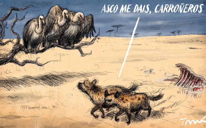 Viñeta humorística de una caricatura donde aparecen buitres en una rama de árbol y hienas corriendo junto a unos restos óseos, con el texto 'Asco me dais, carroñeros' en la parte superior.