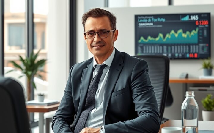 Oficina corporativa moderna en Madrid con elementos de análisis financiero y comunicación empresarial