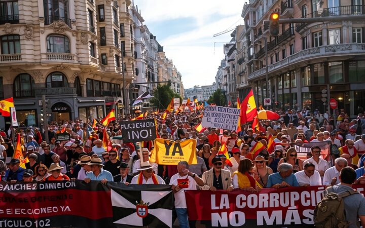 Ilustración conceptual de una manifestación pacífica en una avenida de Madrid con banderas nacionales