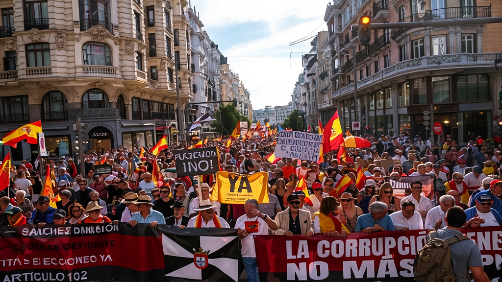 Ilustración conceptual de una manifestación pacífica en una avenida de Madrid con banderas nacionales