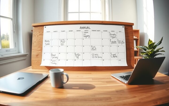 Escritorio de madera con un calendario anual de planificación, dos ordenadores portátiles, una taza de café blanca y una planta, en una habitación luminosa con grandes ventanas.