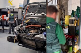 Agentes del SEPRONA de la Guardia Civil durante la inspección de un taller mecánico ilegal en Cantabria.