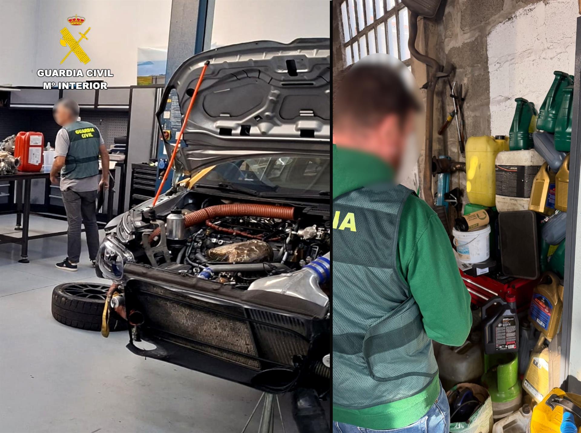 Agentes del SEPRONA de la Guardia Civil durante la inspección de un taller mecánico ilegal en Cantabria.