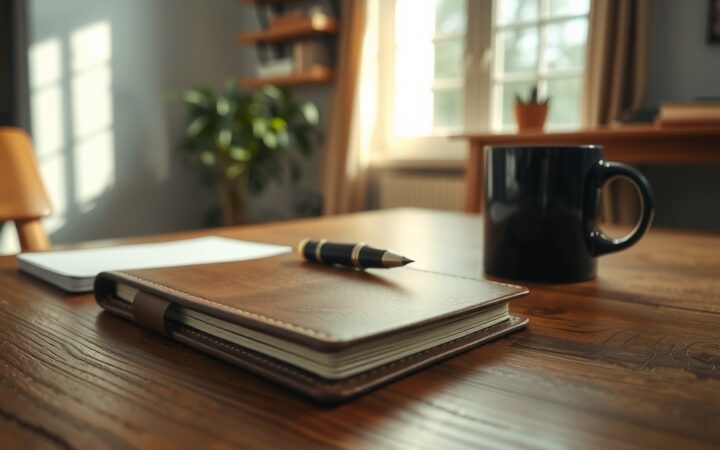 Escritorio de madera con un cuaderno de cuero marrón, un bolígrafo, una taza de café negra y luz natural entrando por una ventana al fondo.