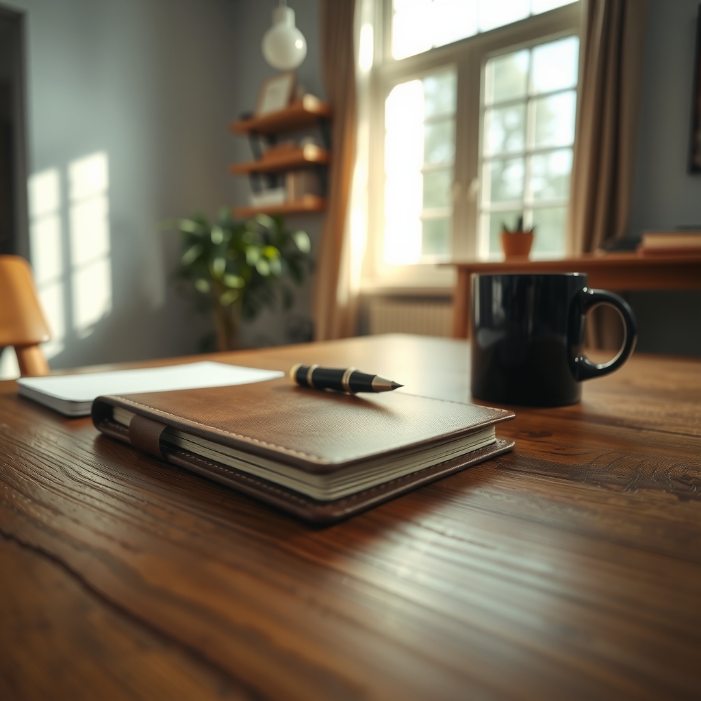 Escritorio de madera con un cuaderno de cuero marrón, un bolígrafo, una taza de café negra y luz natural entrando por una ventana al fondo.