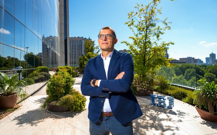 Retrato de Horacio Morell, presidente de IBM en España, de pie con los brazos cruzados en una terraza moderna al aire libre con edificios y vegetación al fondo.