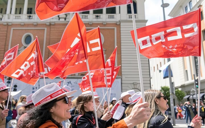 Fotografía editorial de manifestantes portando banderas rojas de Comisiones Obreras (CCOO) y sombreros blancos durante una protesta sindical en la calle.