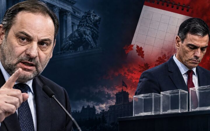 Montaje fotográfico que muestra a José Luis Ábalos hablando con un gesto serio y señalando con el dedo, junto a Pedro Sánchez cabizbajo frente a unas urnas transparentes y un calendario.