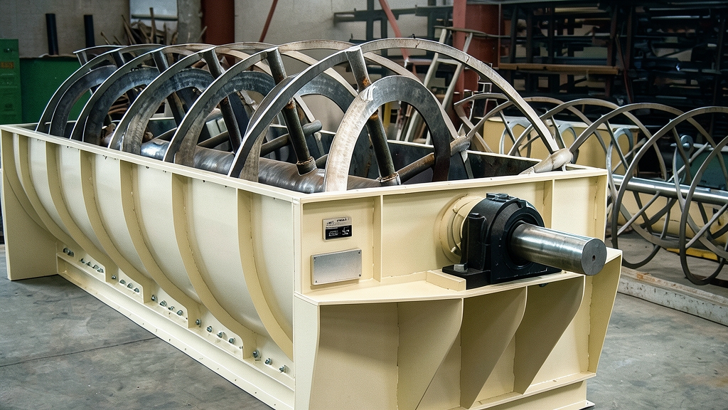 Mezclador horizontal industrial de gran capacidad con estructura metálica y eje de palas expuesto en una planta de fabricación.